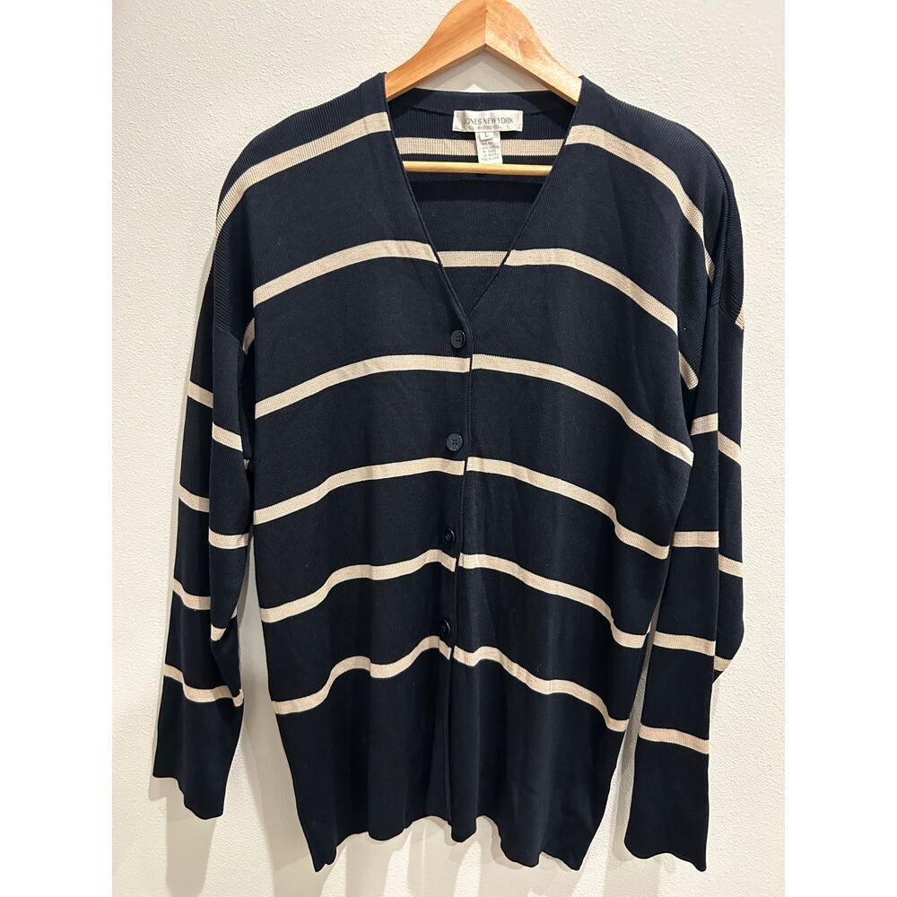 Jones New York Silk/Wool Blend striped navy v beck button down cardigan SZ L - Picture 2 of 6